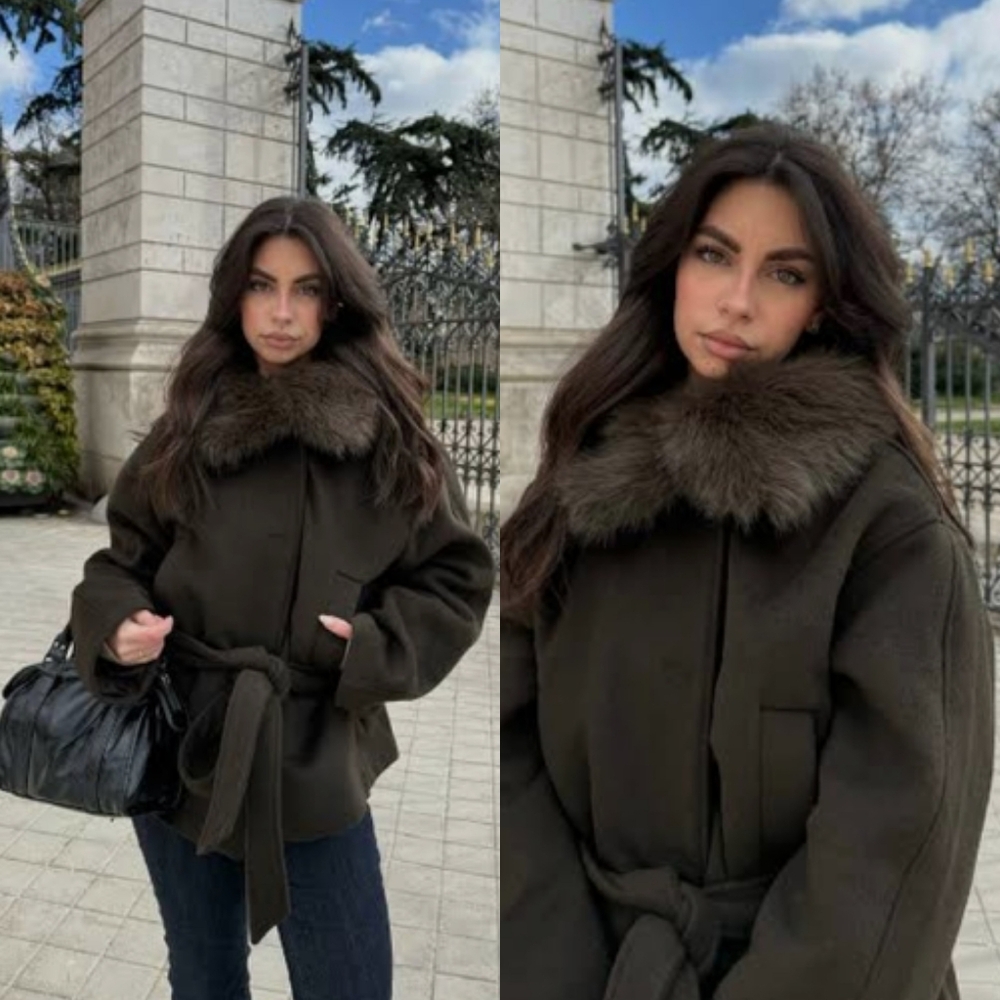 ZARA WOOL BLEND COAT WITH FAUX FUR COLLAR Size S